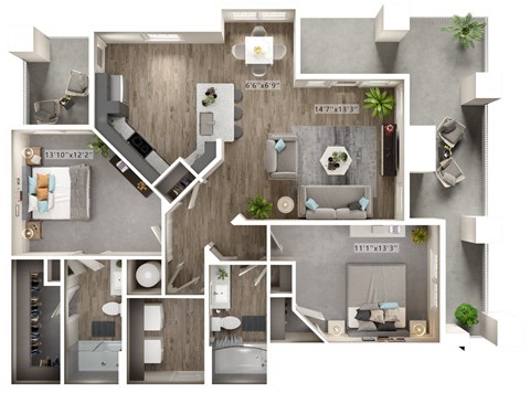 A floor plan of a house with a living room, kitchen, and two bedrooms.